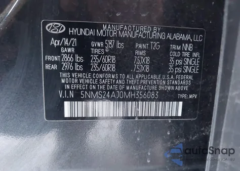 2021 Hyundai Santa Fe Sel z USA, uszkodzony, nr VIN 5NMS24AJ0MH356083